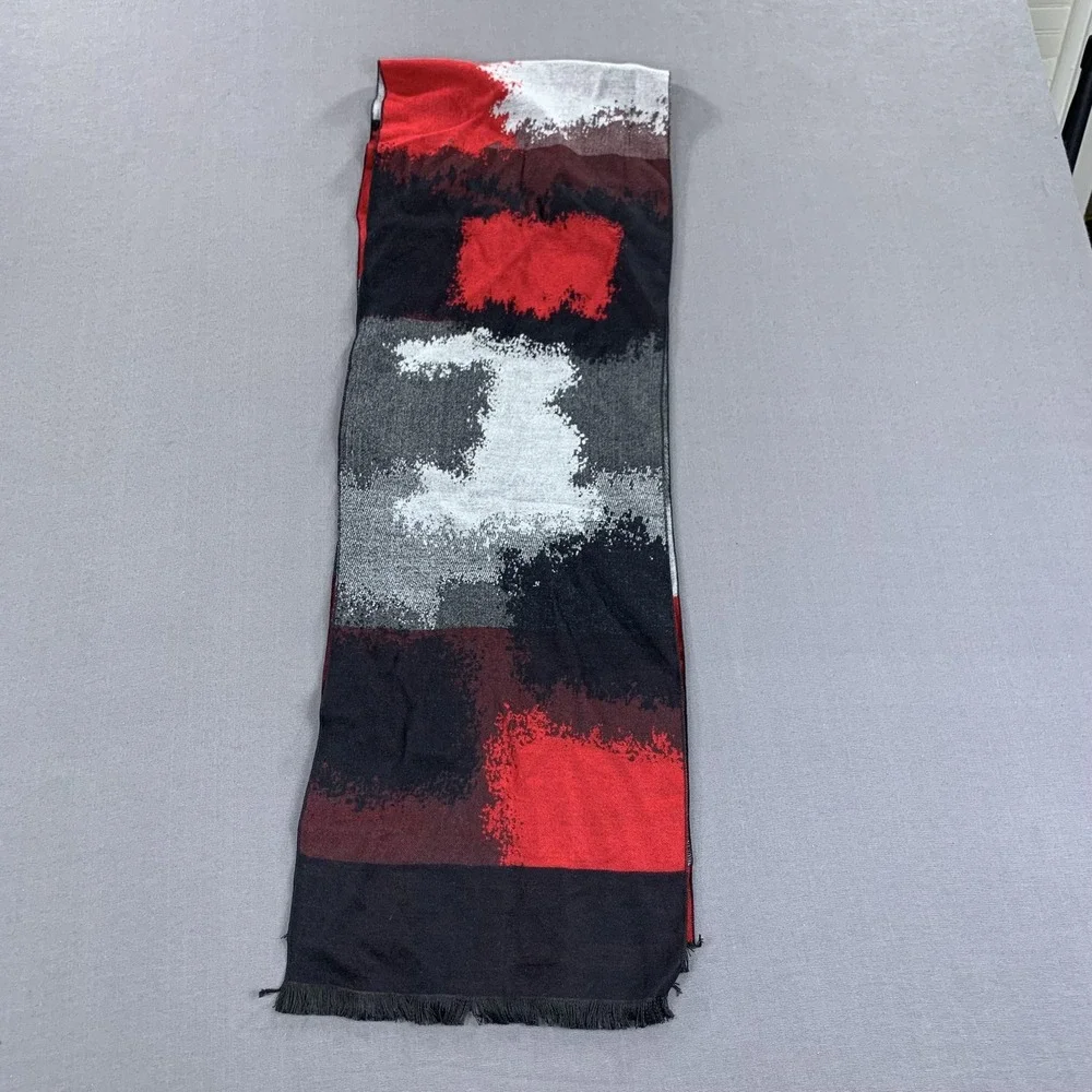 Steven Land Scarf Mens‎ One Size Red Black Abstract Colorblock Fringe Viscose